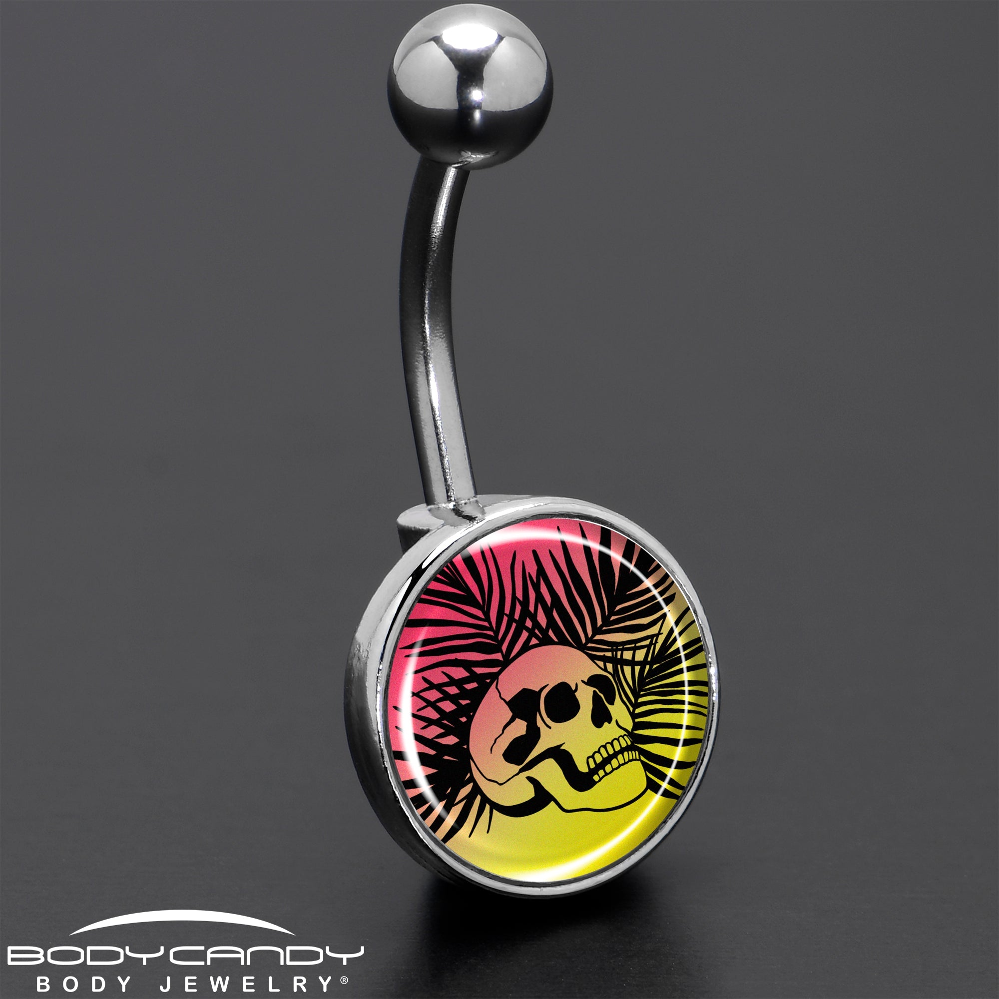 BodyCandy Red Haze Sunset Skull and Palms Belly Ring by Onyx O — size reference