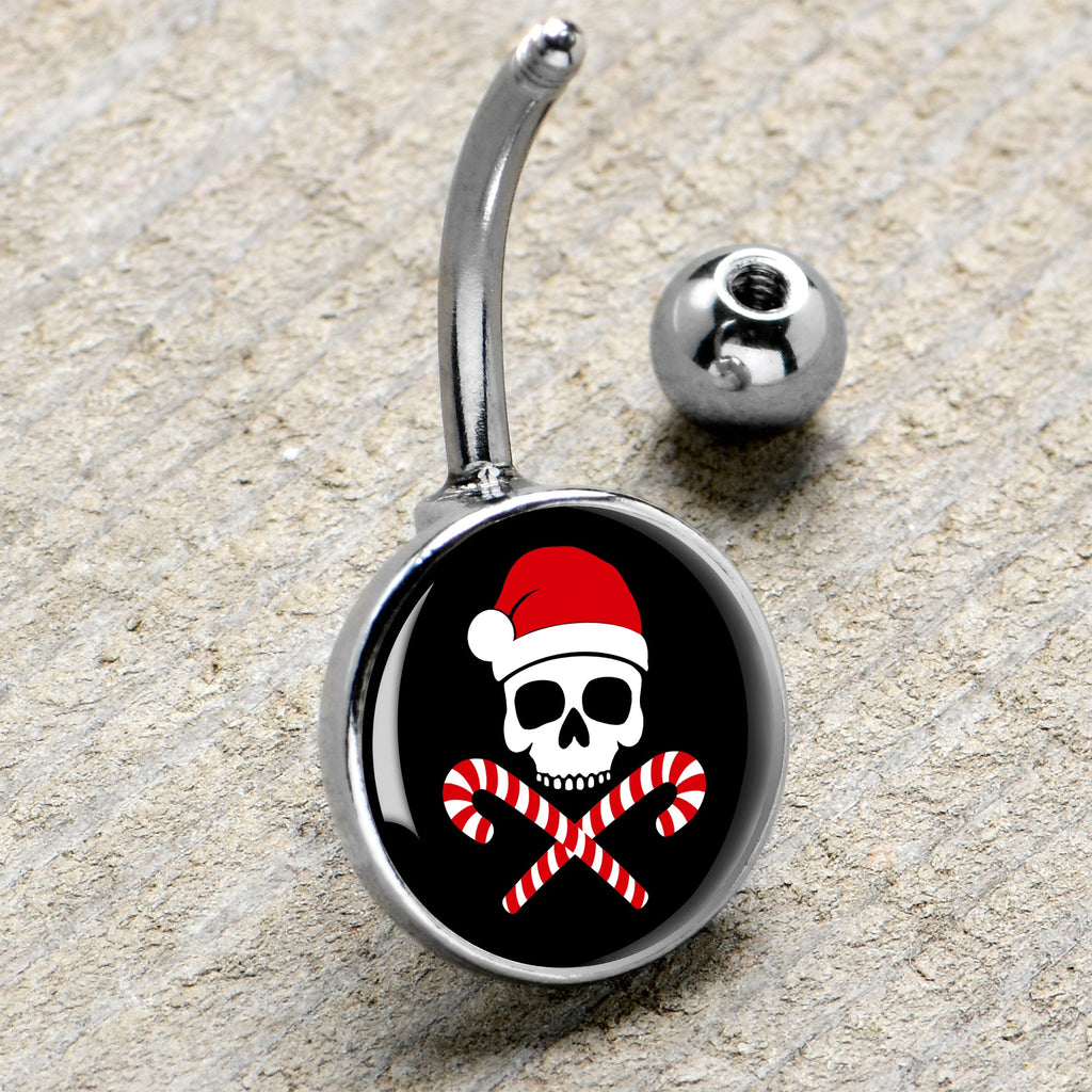 BodyCandy Santa Pirate Candy Cane Skull Belly Ring by Onyx O — side view