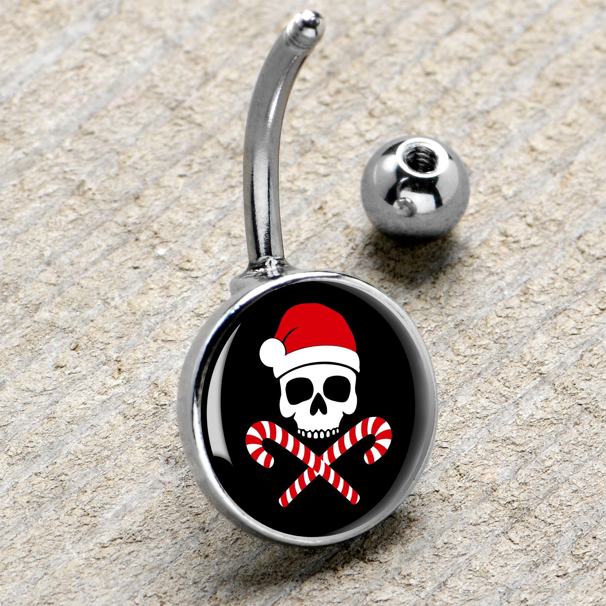 BodyCandy Santa Pirate Candy Cane Skull Belly Ring by Onyx O — side view