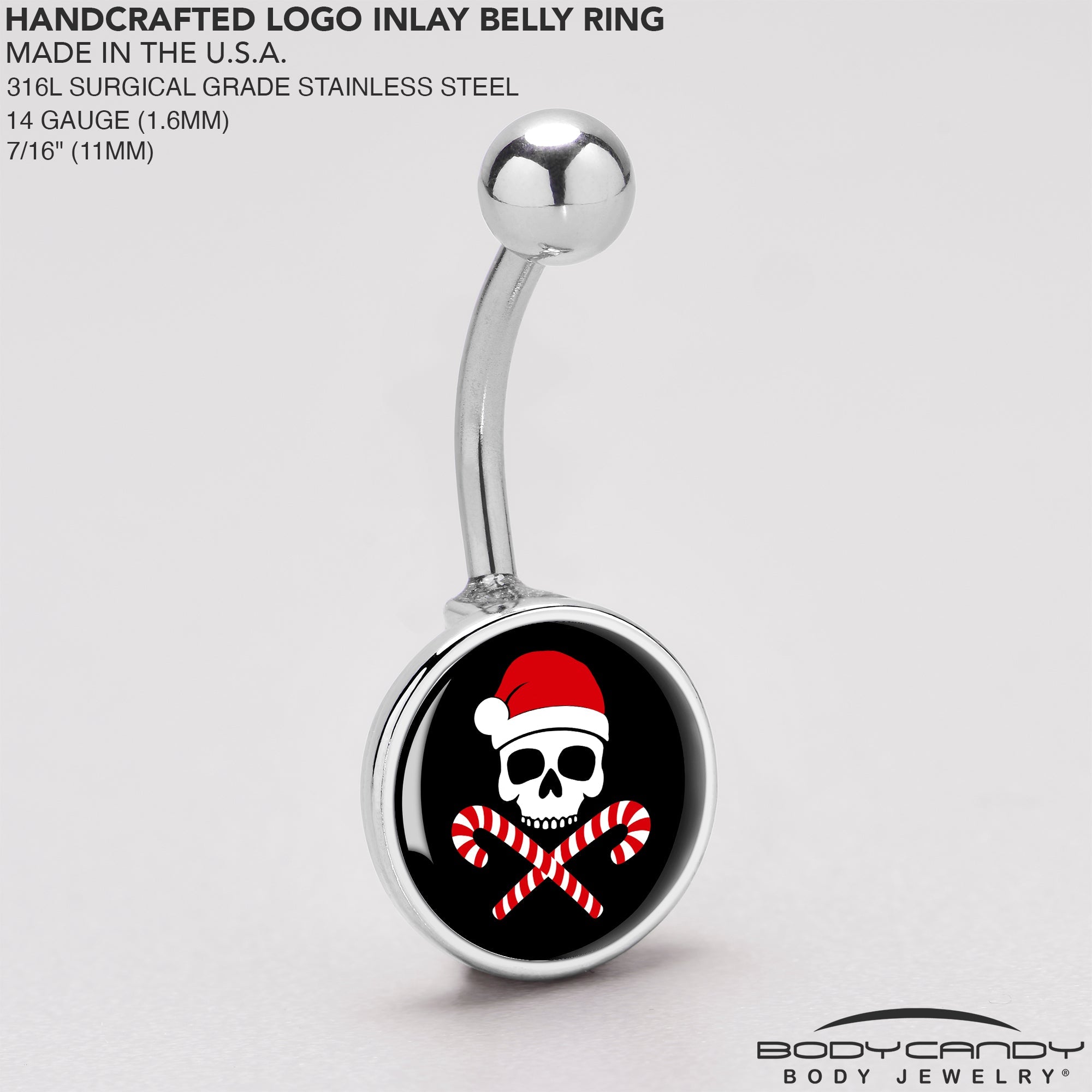 BodyCandy Santa Pirate Candy Cane Skull Belly Ring by Onyx O — back view