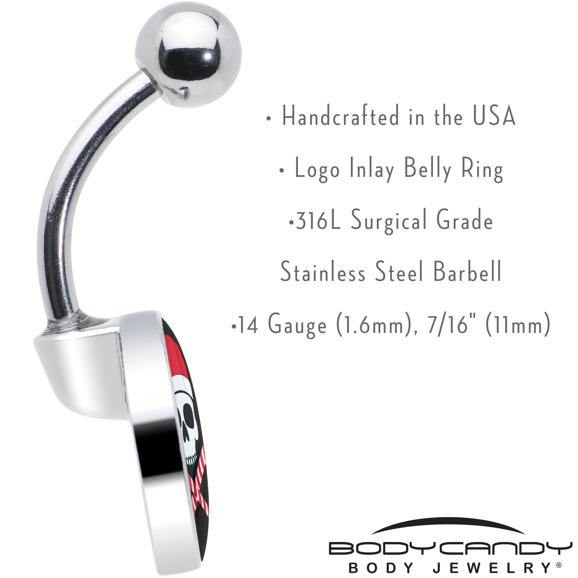 BodyCandy Santa Pirate Candy Cane Skull Belly Ring by Onyx O — in-use photo