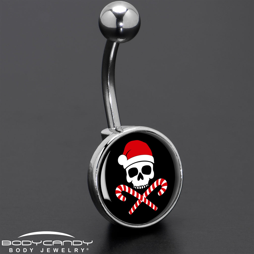 BodyCandy Santa Pirate Candy Cane Skull Belly Ring by Onyx O — size reference