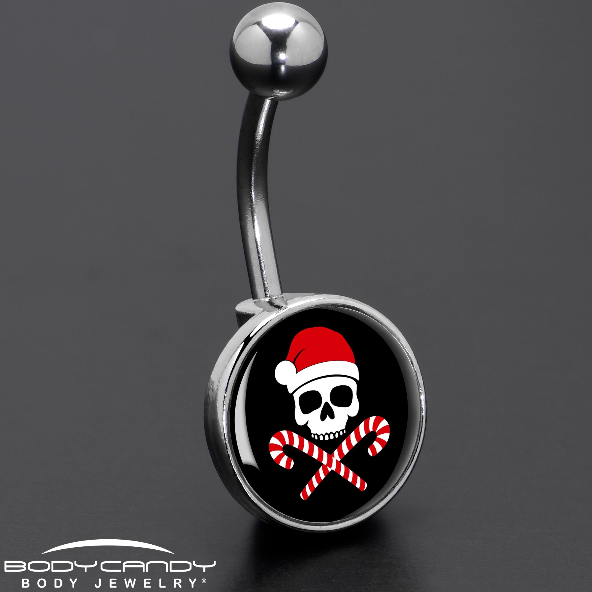 BodyCandy Santa Pirate Candy Cane Skull Belly Ring by Onyx O — size reference