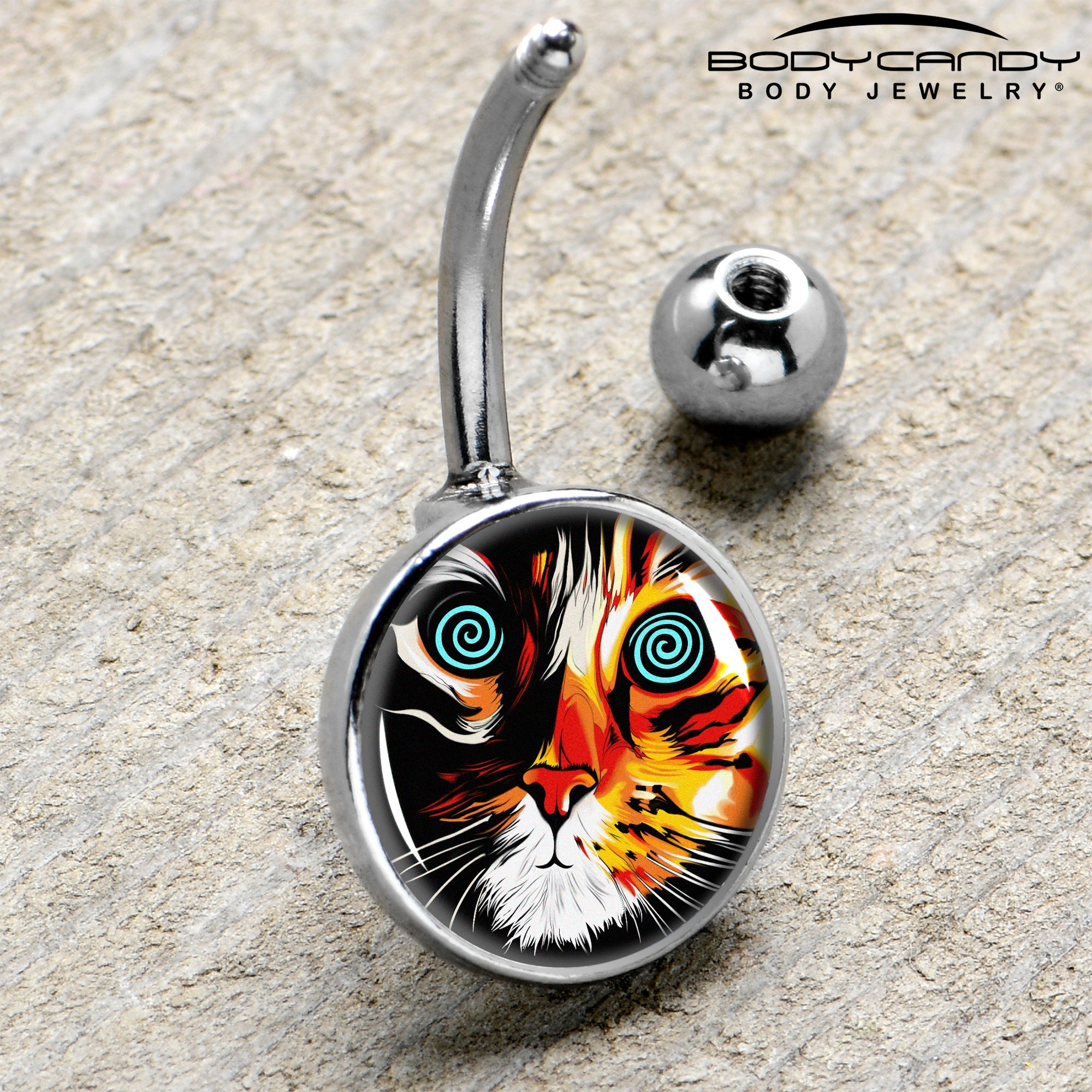 BodyCandy Colorful Trippy Cat Belly Ring by Onyx O — side view