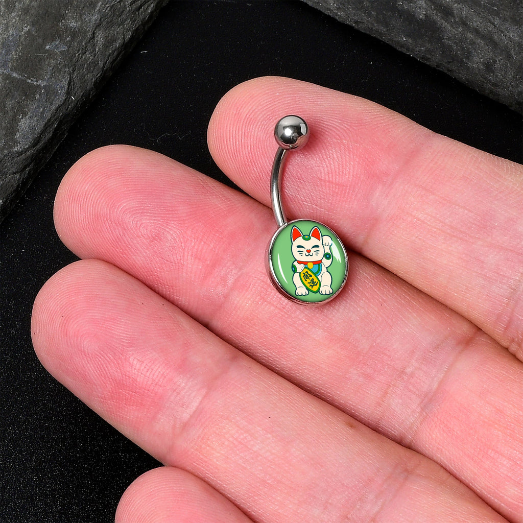 BodyCandy Waving Cat Belly Ring by Onyx O — detail close-up