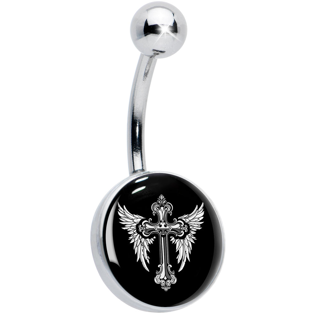 BodyCandy Black White Winged Cross Belly Ring by Onyx O — main product shot