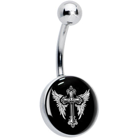 Black White Winged Cross Belly Ring by Onyx O