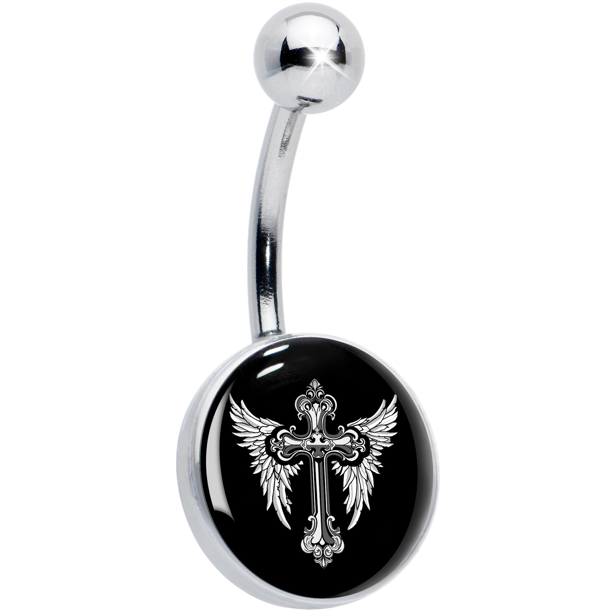 BodyCandy Black White Winged Cross Belly Ring by Onyx O — main product shot
