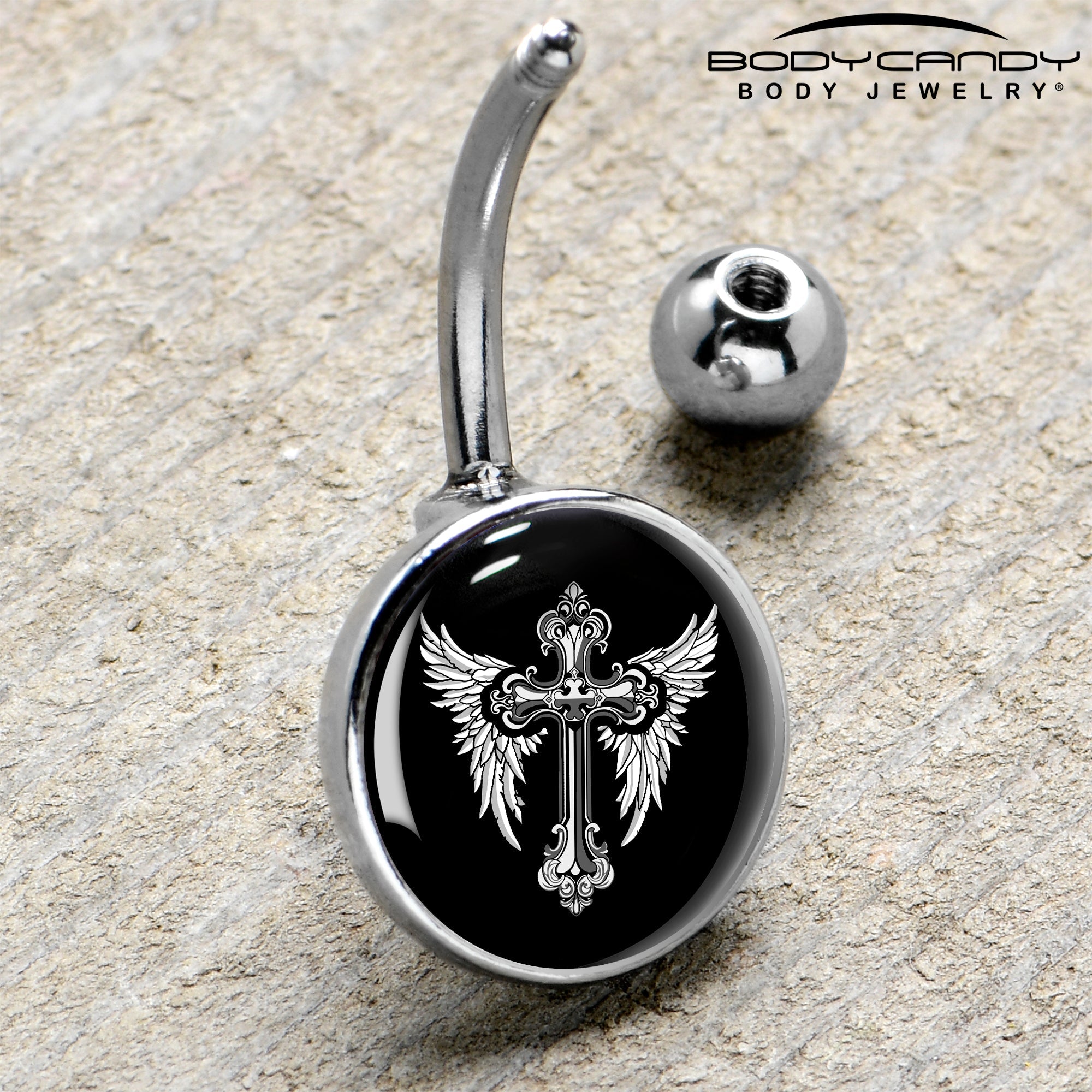 BodyCandy Black White Winged Cross Belly Ring by Onyx O — side view