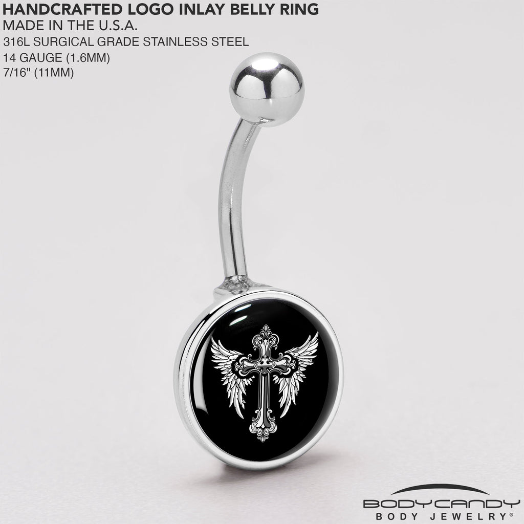 BodyCandy Black White Winged Cross Belly Ring by Onyx O — back view