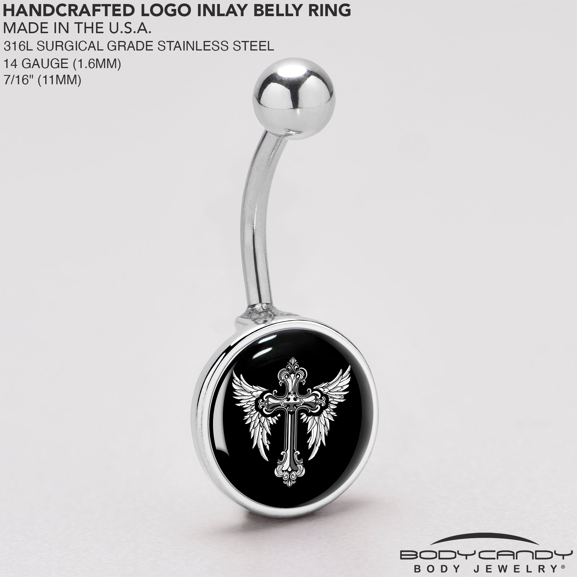 BodyCandy Black White Winged Cross Belly Ring by Onyx O — back view