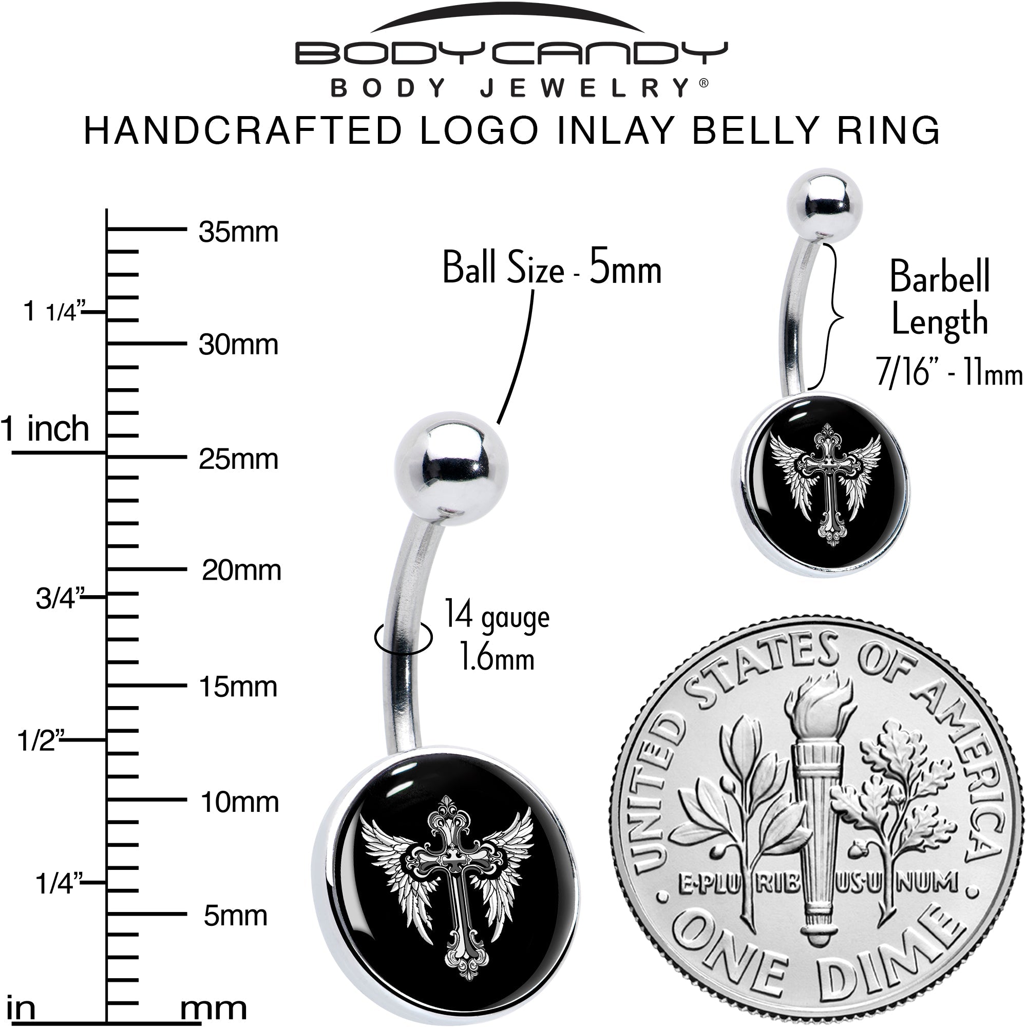 BodyCandy Black White Winged Cross Belly Ring by Onyx O — alternative angle