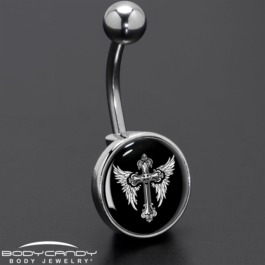 BodyCandy Black White Winged Cross Belly Ring by Onyx O — size reference