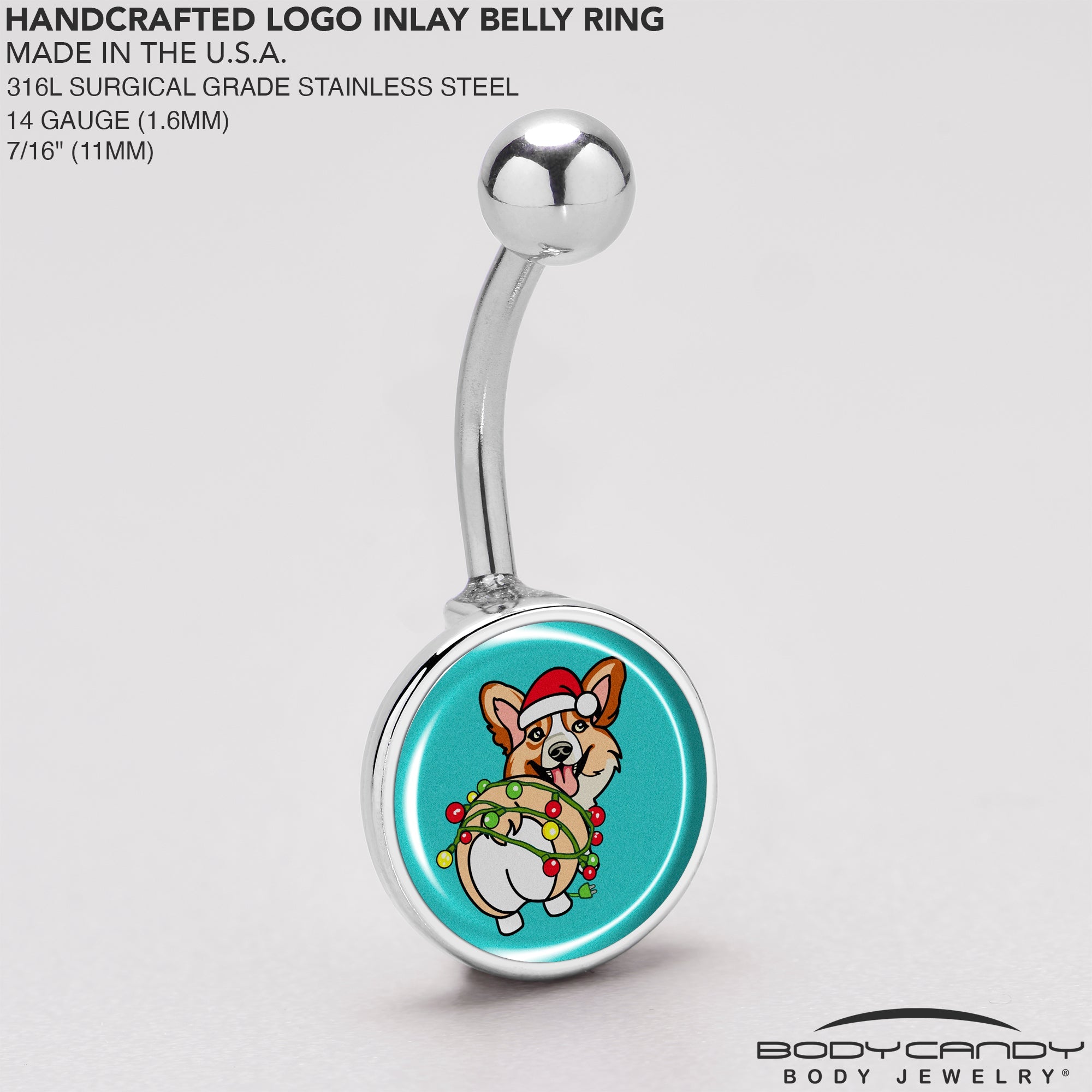BodyCandy Christmas Holiday Lights Corgi Dog Belly Ring by Onyx O — back view