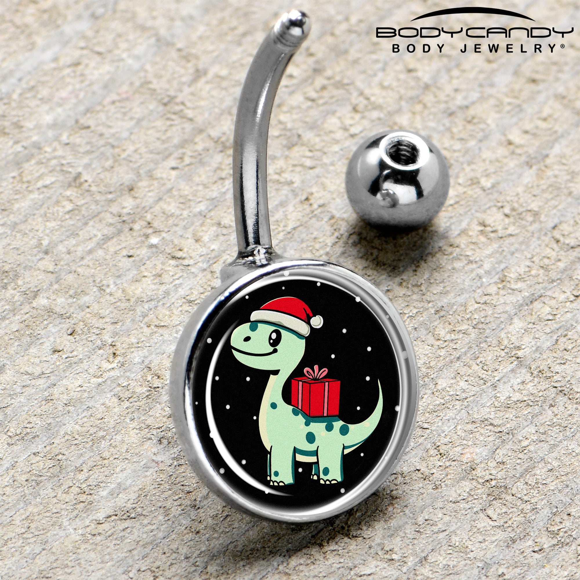 BodyCandy Christmas Holiday Dinosaur Belly Ring by Onyx O — side view