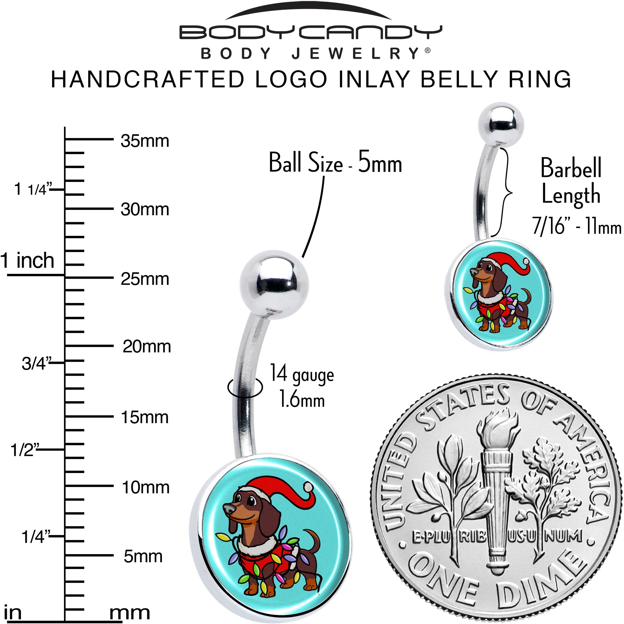 BodyCandy Christmas Holiday Weiner Dog Belly Ring by Onyx O — alternative angle