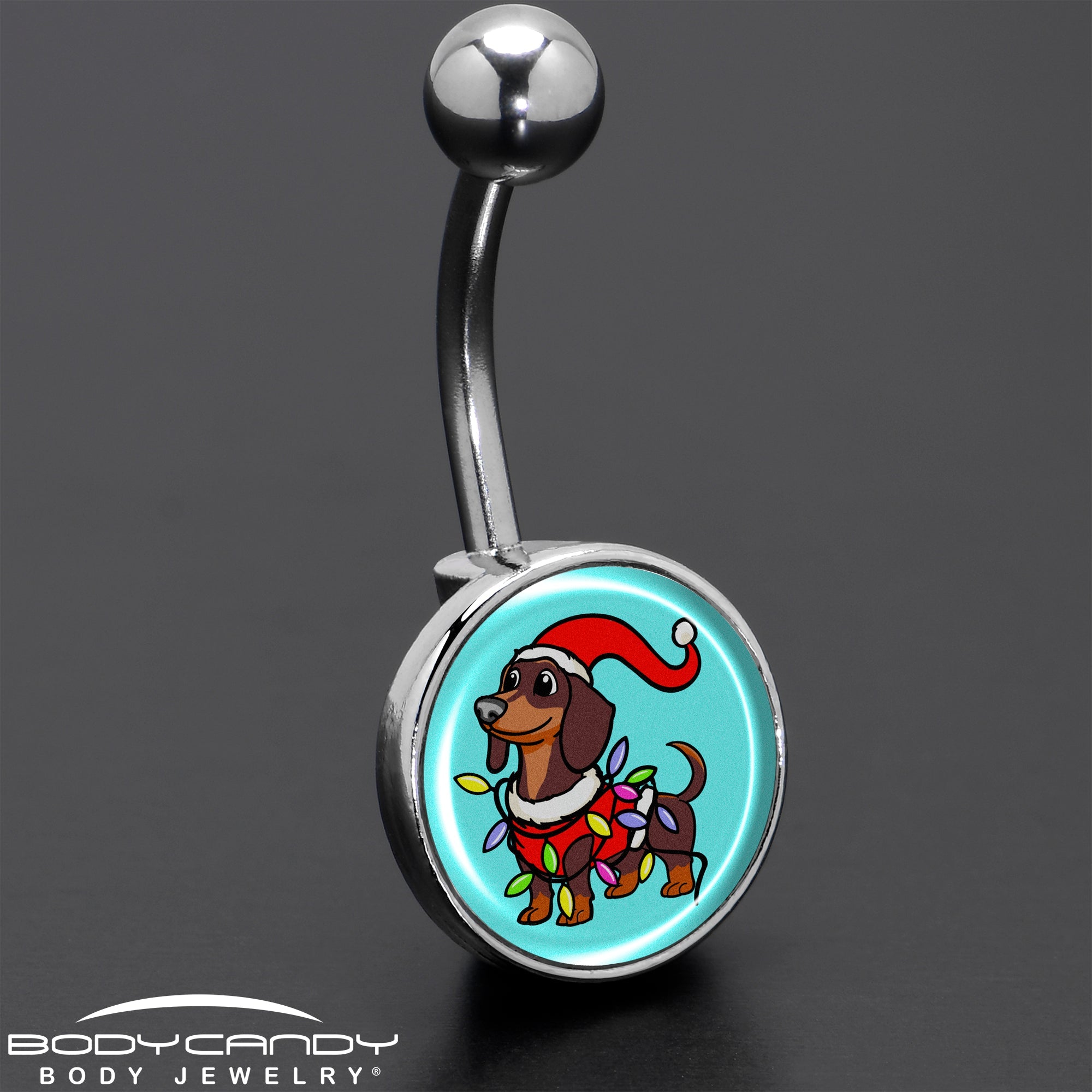 BodyCandy Christmas Holiday Weiner Dog Belly Ring by Onyx O — size reference