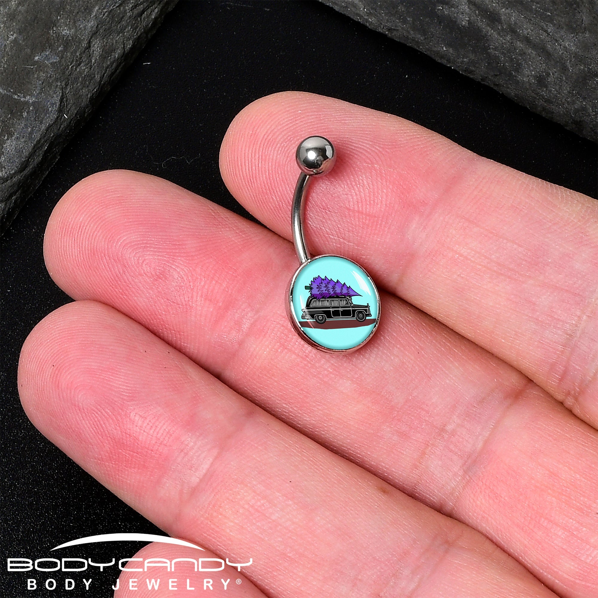 BodyCandy Holiday Christmas Hearse Belly Ring by Onyx O — detail close-up