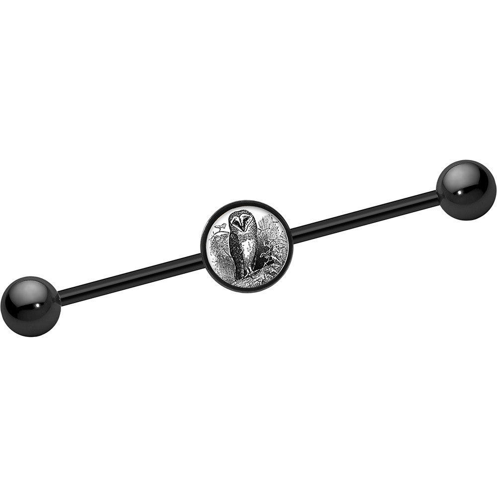 BodyCandy 14G Black Anodized Monochrome Owl Industrial Barbell 37mm — main product shot