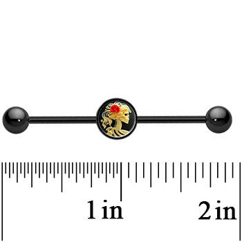 BodyCandy 14G Black Anodized Red Rose Flower Skeleton Cameo Industrial Bar 37mm — detail close-up