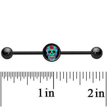 BodyCandy 14G Black Anodized Sugar Skull Industrial Barbell 37mm — detail close-up