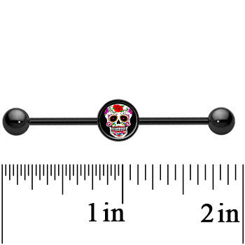 BodyCandy 14G Black Anodized Sugar Skull Industrial Barbell 37mm — detail close-up