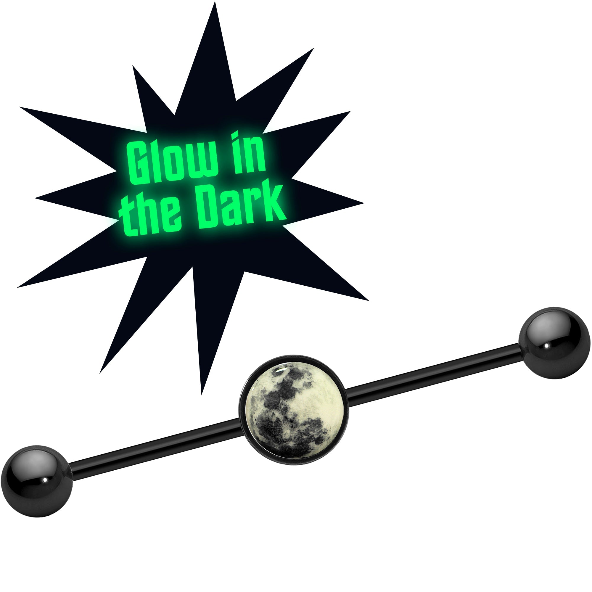 BodyCandy 14G Black Glow in the Dark Full Moon Industrial Barbell 37mm — main product shot