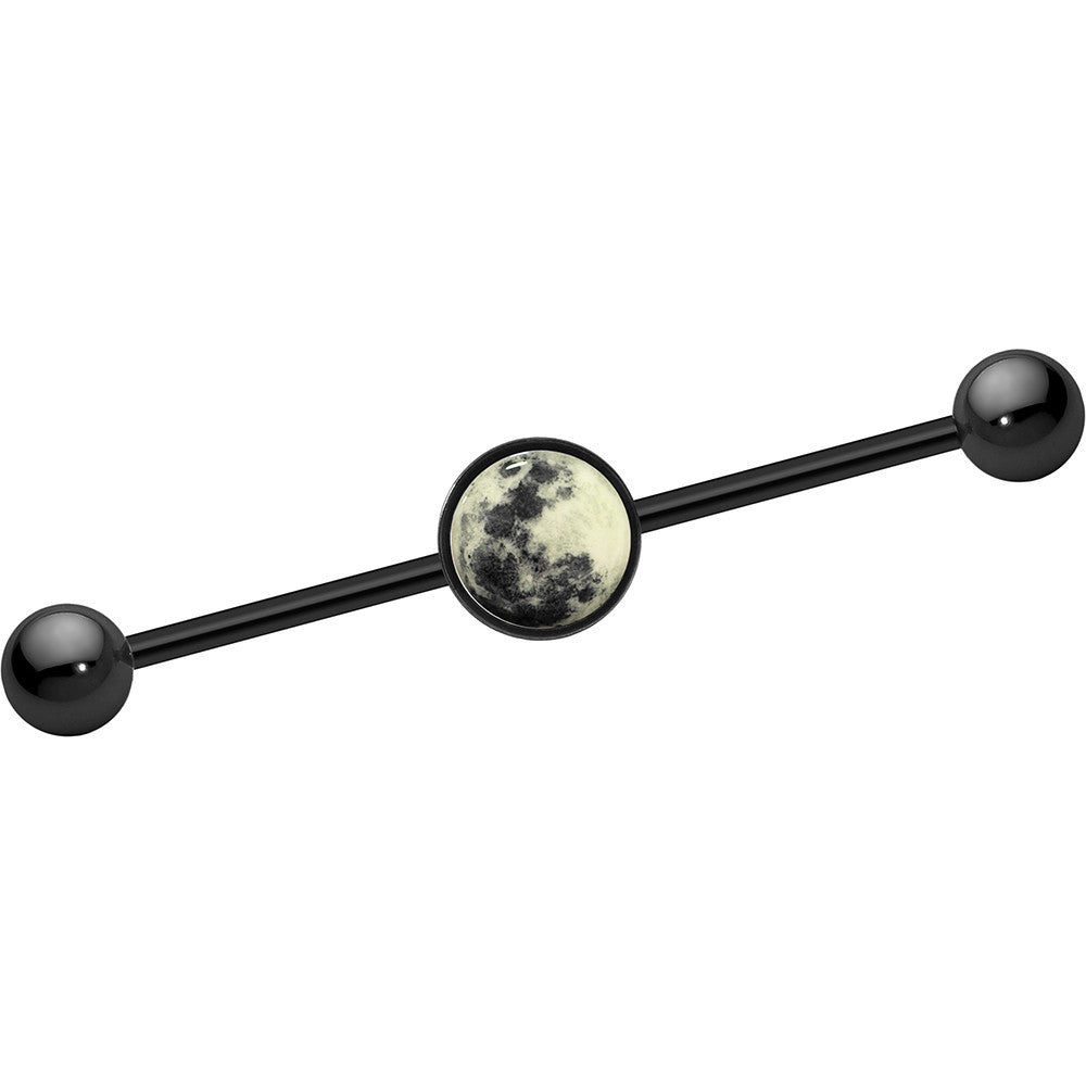 BodyCandy 14G Black Glow in the Dark Full Moon Industrial Barbell 37mm — side view