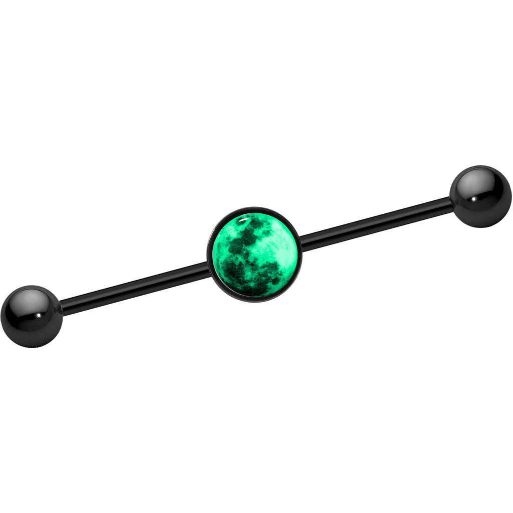 BodyCandy 14G Black Glow in the Dark Full Moon Industrial Barbell 37mm — detail close-up