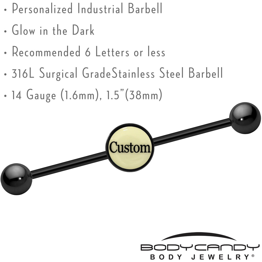 BodyCandy Custom Glow in the Dark Personalized Industrial Barbell in Black Titanium — lifestyle context