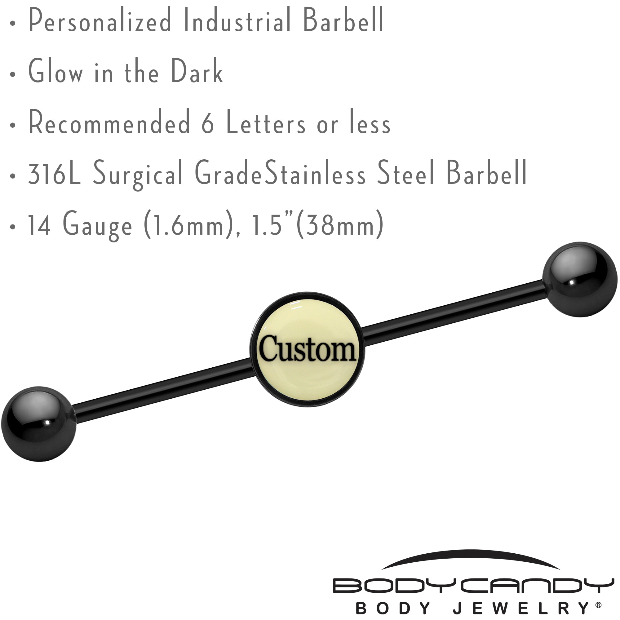 BodyCandy Custom Glow in the Dark Personalized Industrial Barbell in Black Titanium — lifestyle context