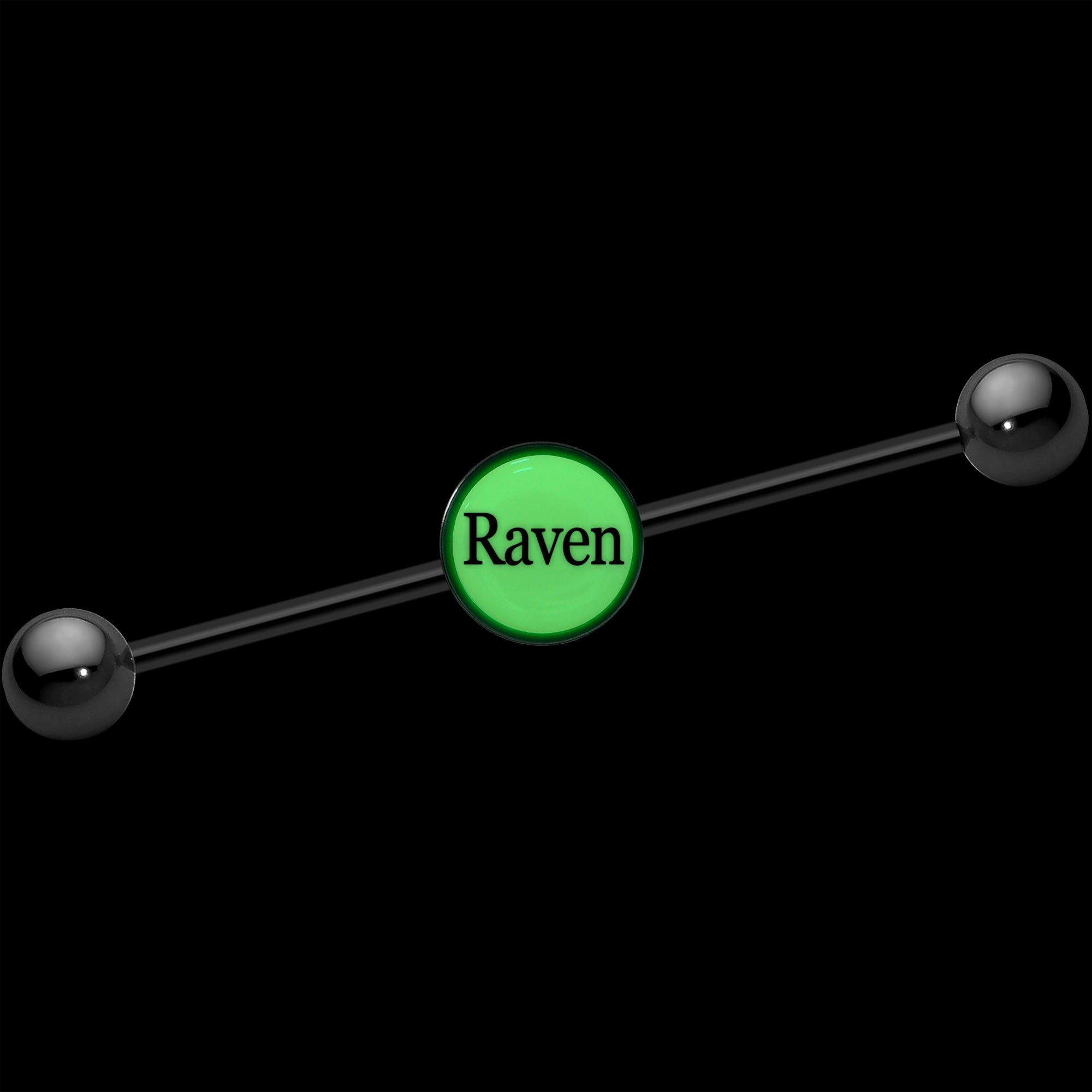 BodyCandy Custom Glow in the Dark Personalized Industrial Barbell in Black Titanium — detail close-up