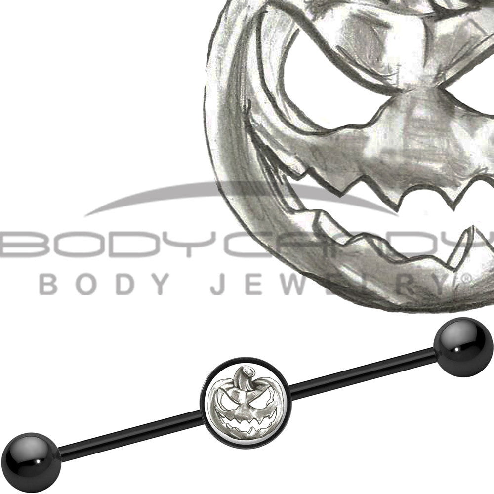 BodyCandy 14G Black Anodized Scary Jack O Lantern Industrial Barbell 37mm — main product shot
