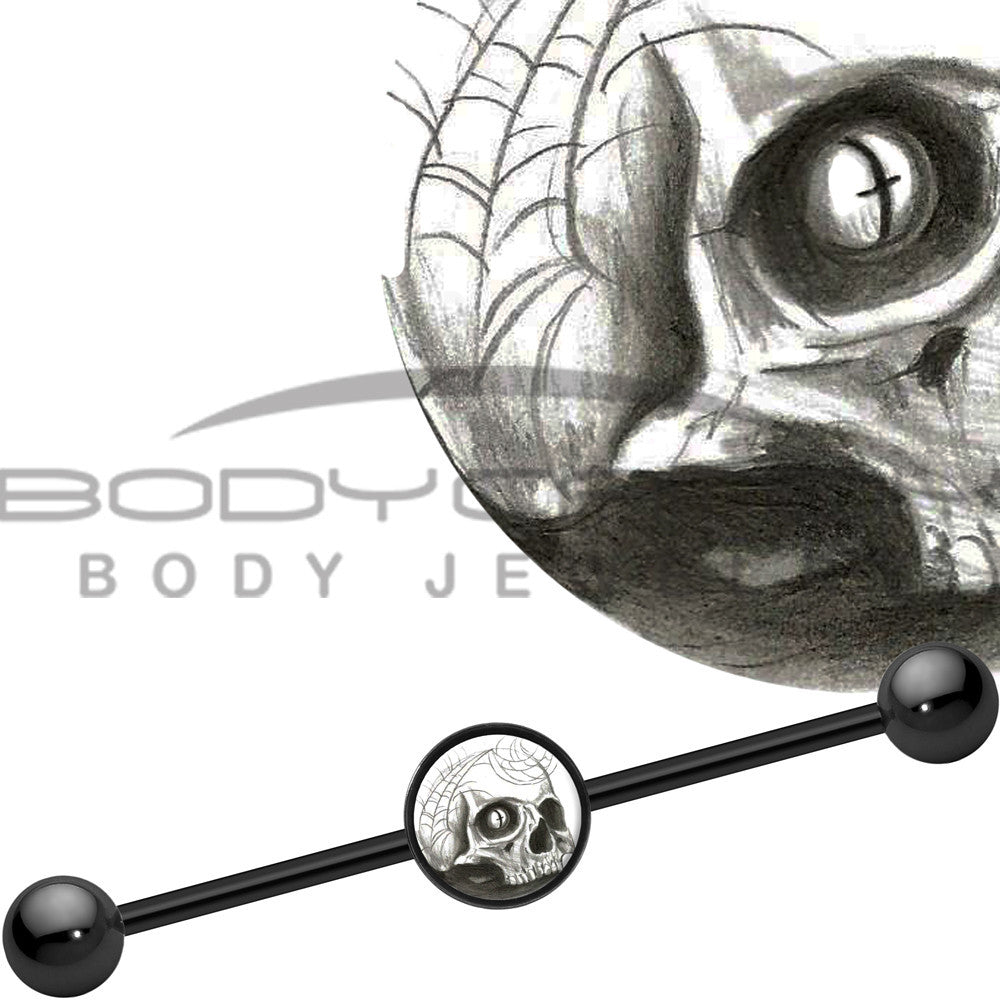 BodyCandy 14G Black Anodized Halloween Webbed Skull Industrial Barbell 37mm — main product shot