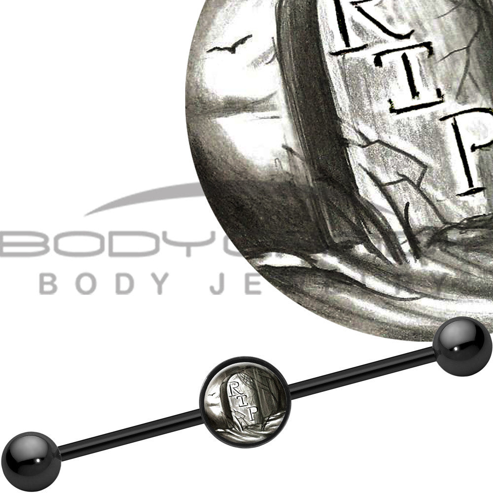 BodyCandy 14G Black Anodized Scary RIP Tombstone Industrial Barbell 37mm — main product shot