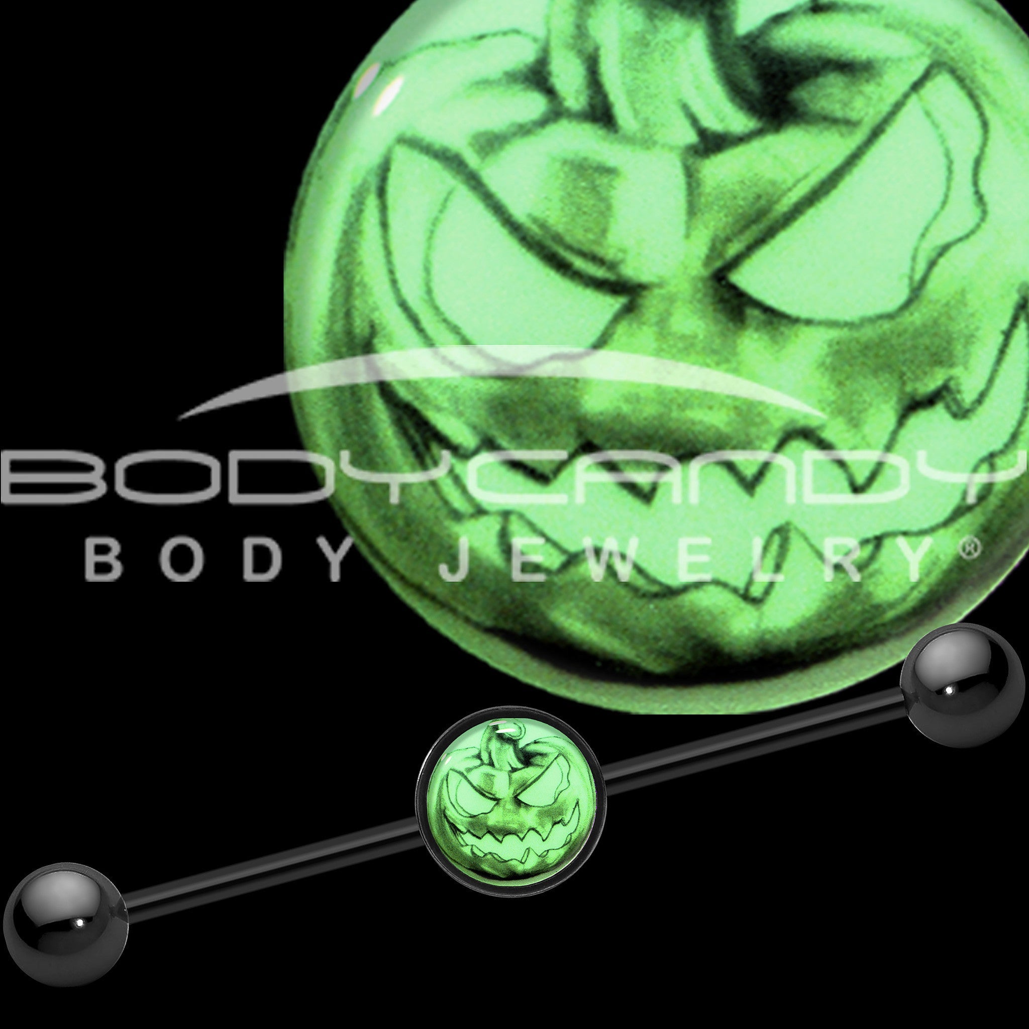 BodyCandy 14G Black Glow in the Dark Jack O Lantern Industrial Barbell 37mm — detail close-up