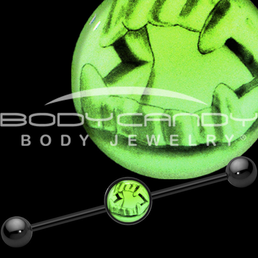 BodyCandy 14G Black Glow in the Dark Fearsome Fangs Industrial Barbell 37mm — main product shot
