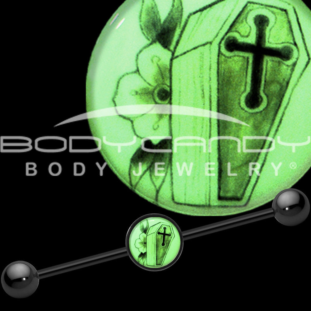 BodyCandy 14G Black Glow in the Dark Coffin Flower Industrial Barbell 37mm — main product shot