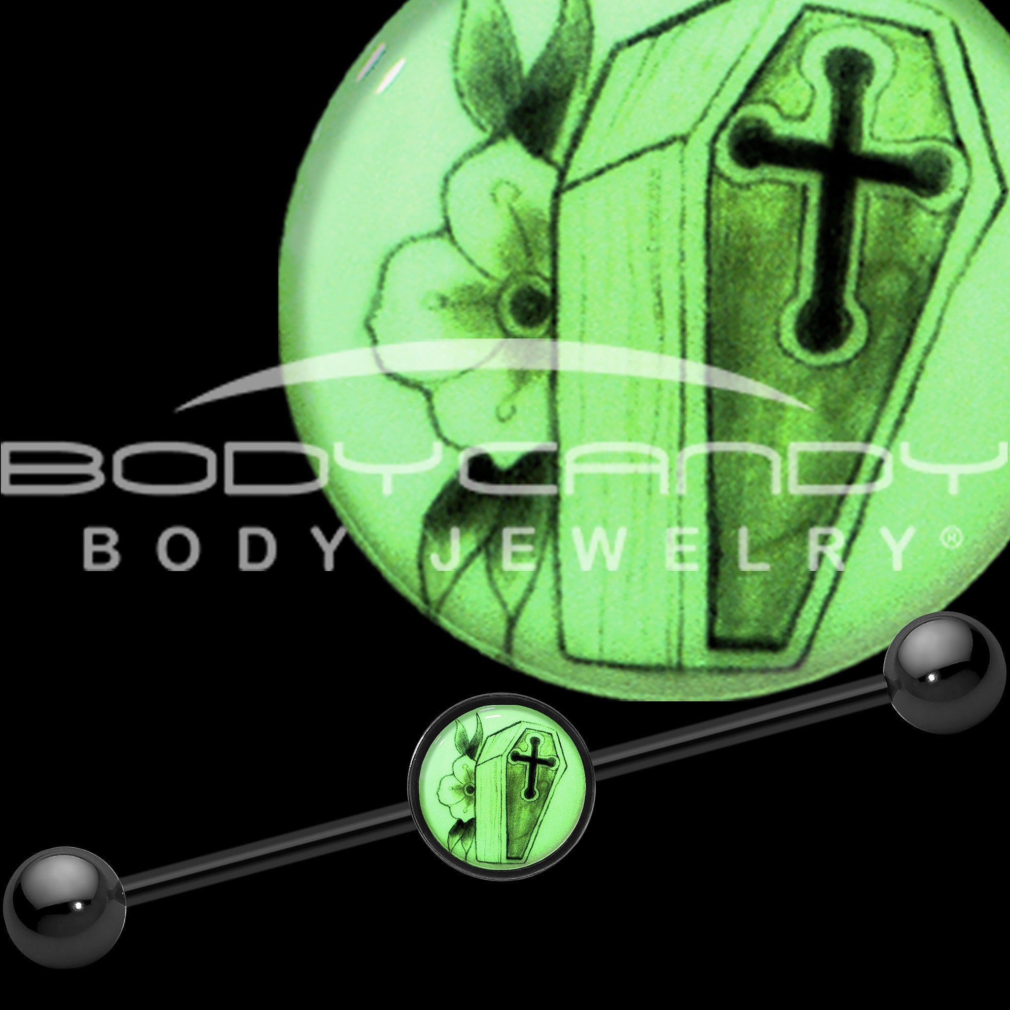 BodyCandy 14G Black Glow in the Dark Coffin Flower Industrial Barbell 37mm — detail close-up