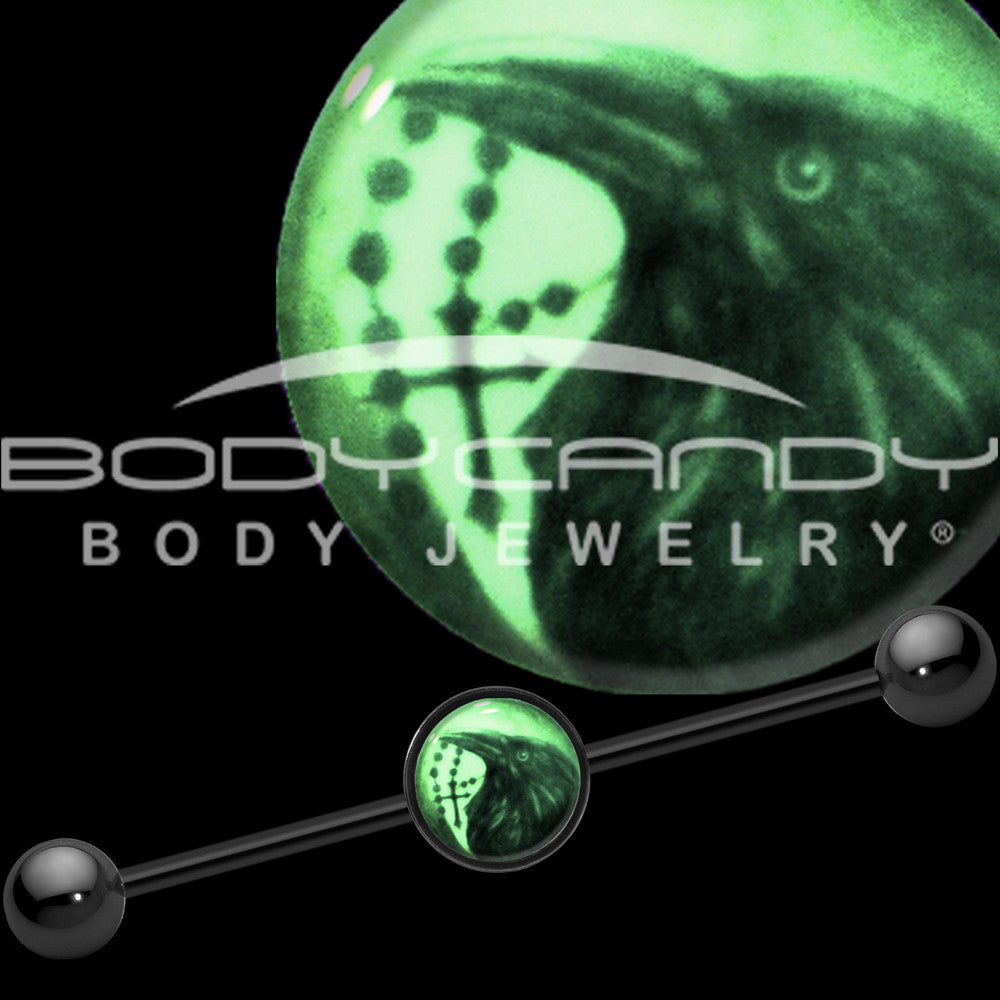 BodyCandy 14G Black Glow in the Dark Raven Cross Industrial Barbell 37mm — main product shot