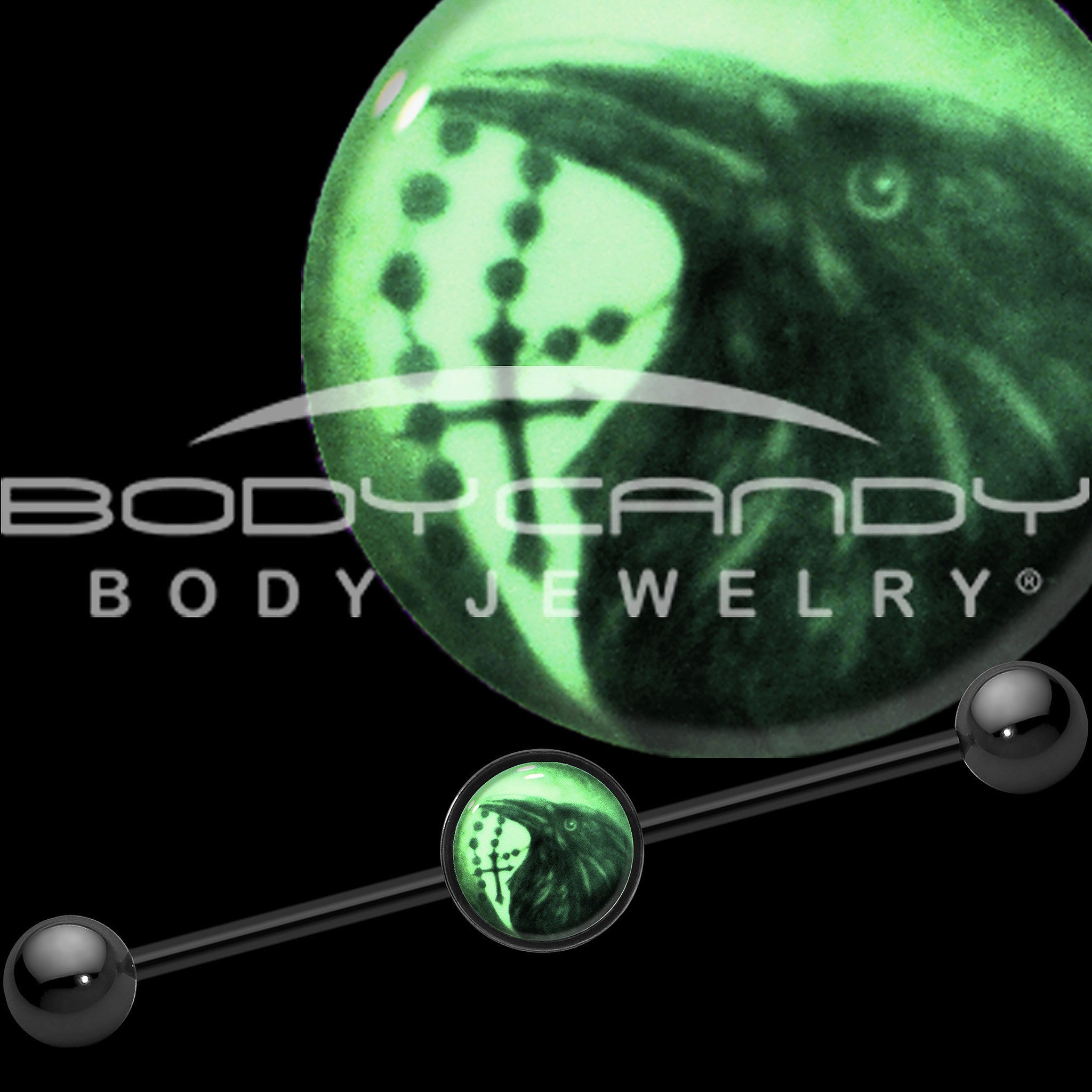 BodyCandy 14G Black Glow in the Dark Raven Cross Industrial Barbell 37mm — detail close-up