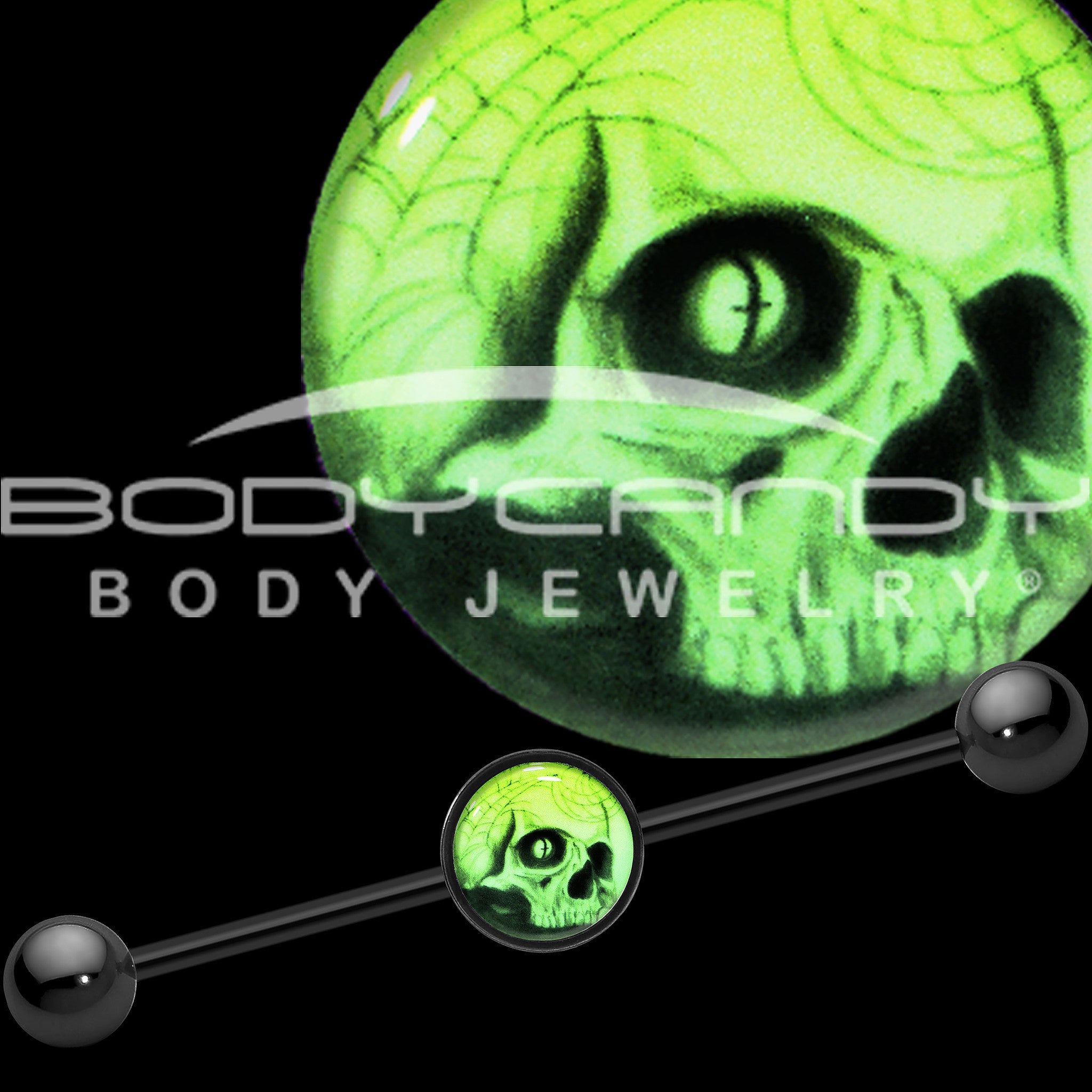 BodyCandy 14G Black Glow in the Dark Webbed Skull Industrial Barbell 37mm — detail close-up