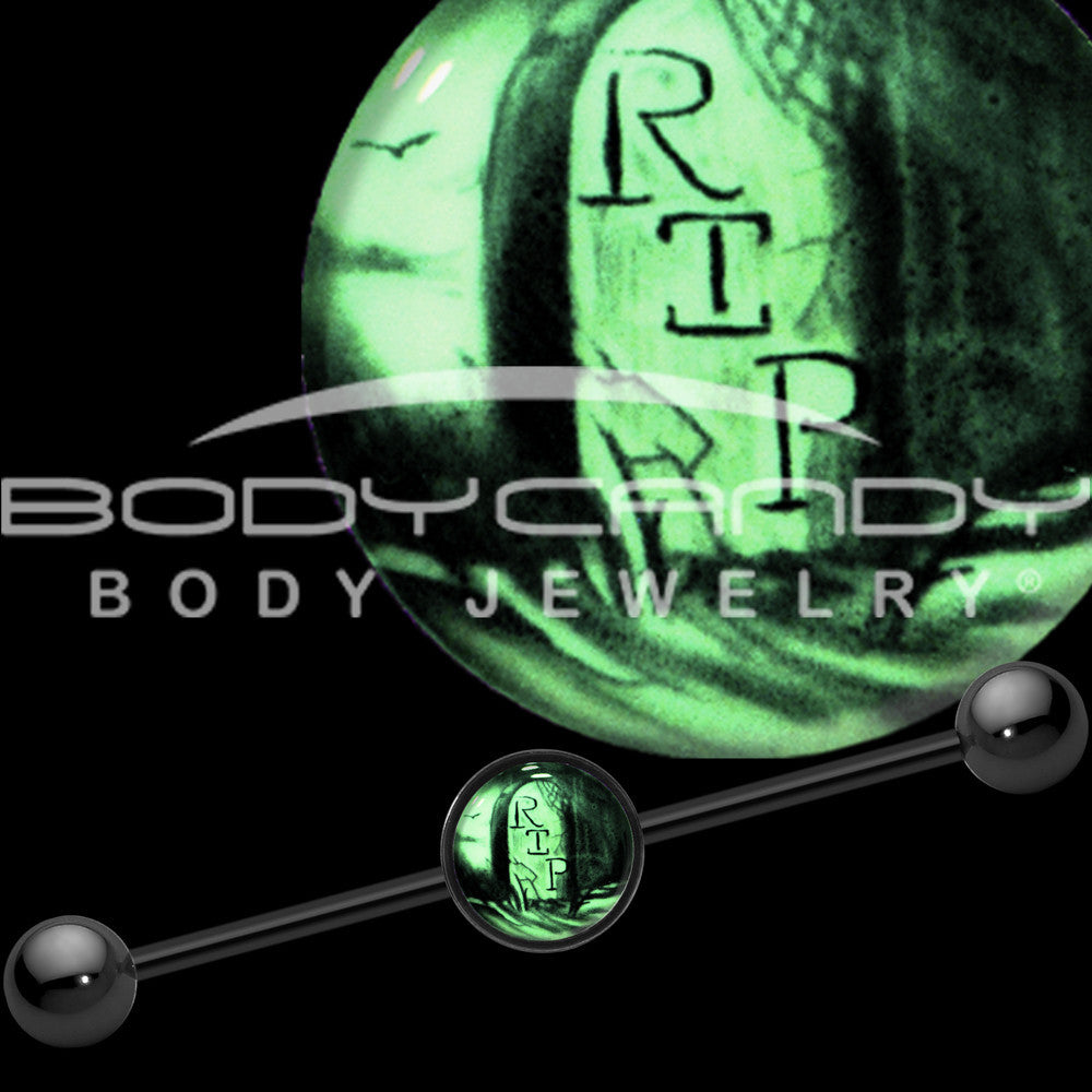 BodyCandy 14G Black Glow in the Dark RIP Tombstone Industrial Barbell 37mm — main product shot