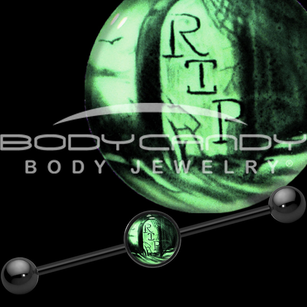 BodyCandy 14G Black Glow in the Dark RIP Tombstone Industrial Barbell 37mm — detail close-up