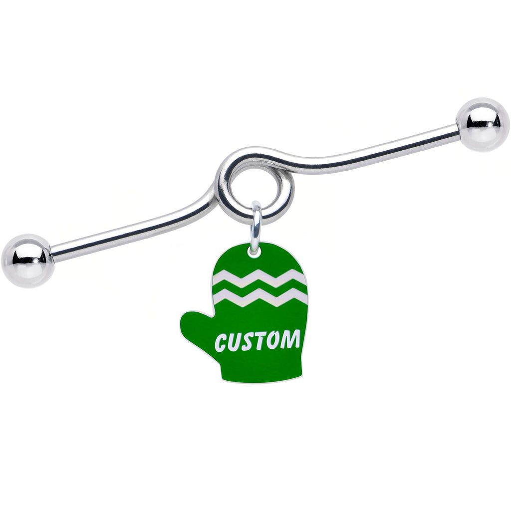BodyCandy Custom Holiday Mitten Personalized Industrial Barbell — in-use photo