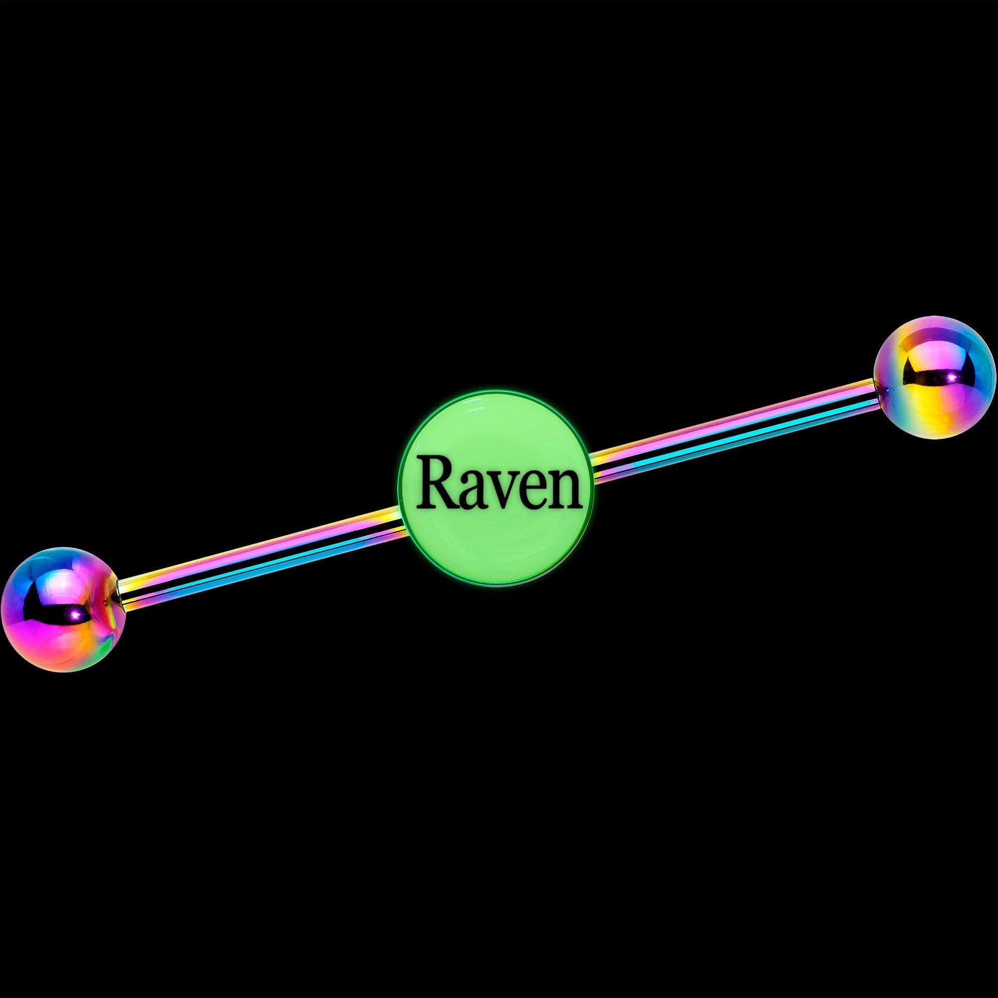 BodyCandy Custom Glow in the Dark Personalized Industrial Barbell in Rainbow Titanium — detail close-up