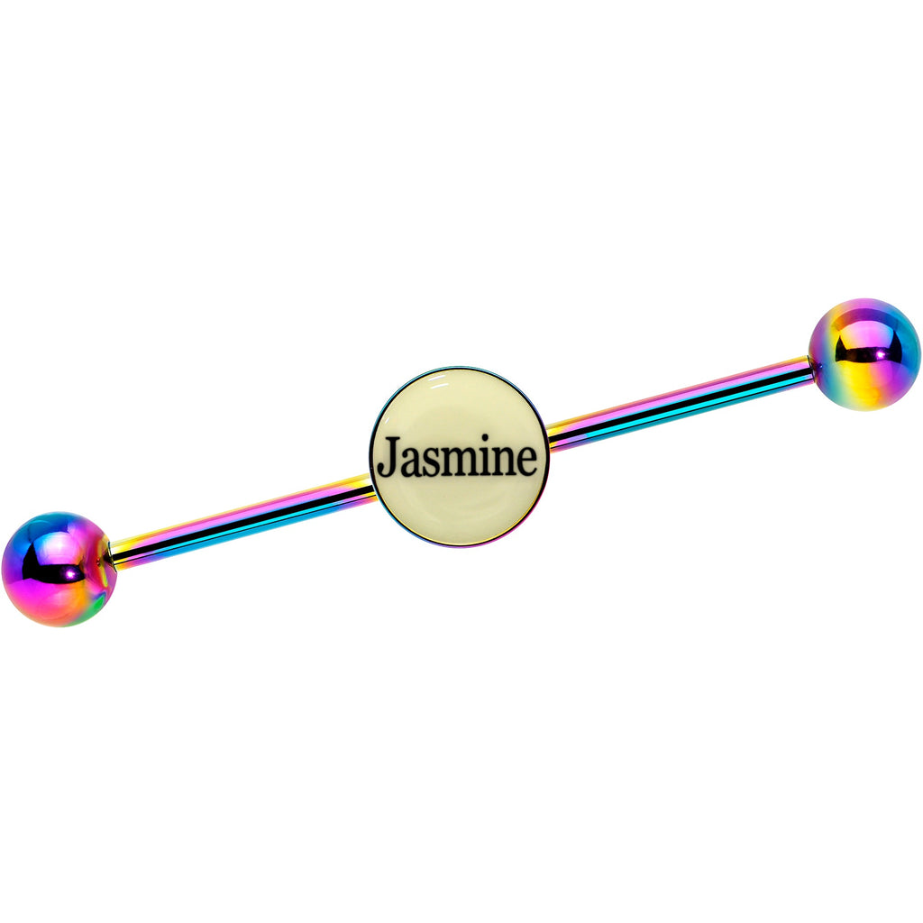 BodyCandy Custom Glow in the Dark Personalized Industrial Barbell in Rainbow Titanium — size reference