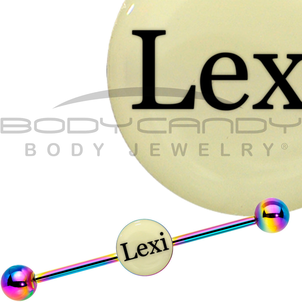 BodyCandy Custom Glow in the Dark Personalized Industrial Barbell in Rainbow Titanium — back view