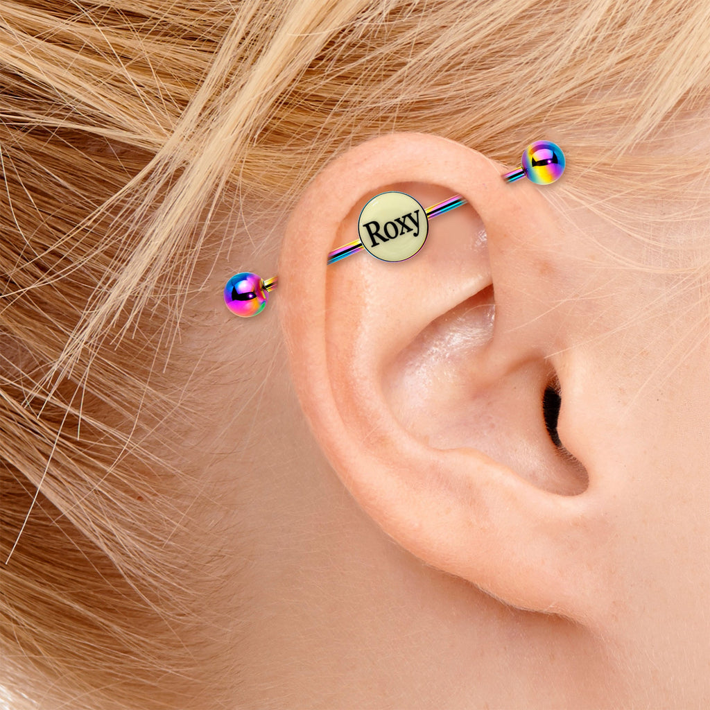 BodyCandy Custom Glow in the Dark Personalized Industrial Barbell in Rainbow Titanium — alternative angle