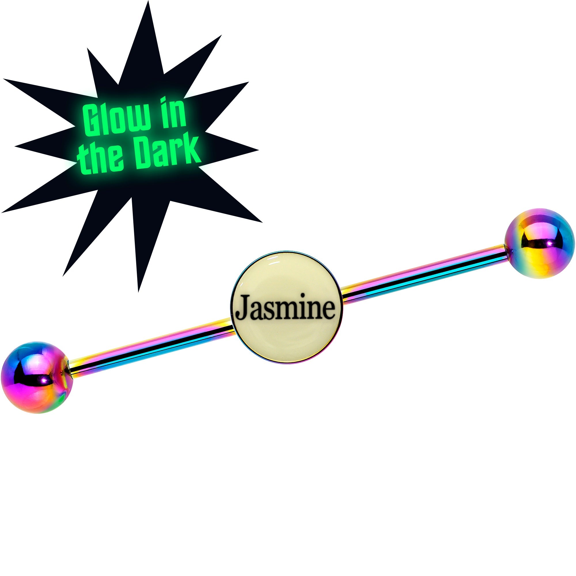 BodyCandy Custom Glow in the Dark Personalized Industrial Barbell in Rainbow Titanium — main product shot